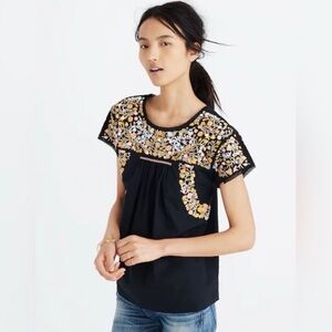 Madewell Black Top with Floral Embroidery